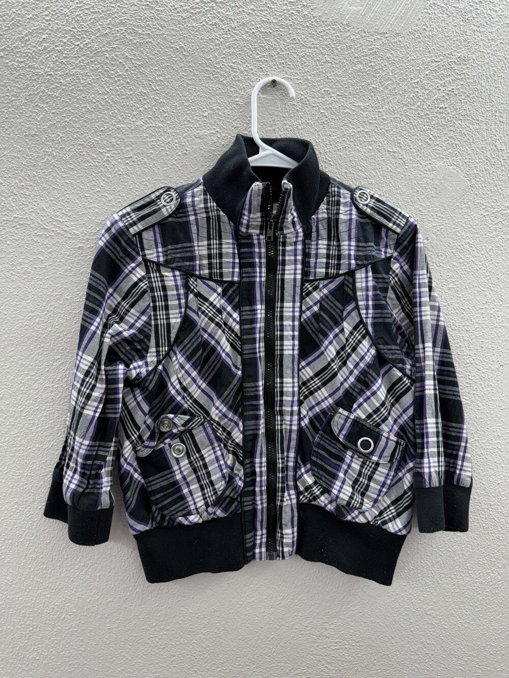 I.Q. Authentic Brand Womens Jacket Large Purple Plaid 3/4 Sleeve Zip Up Y2K
